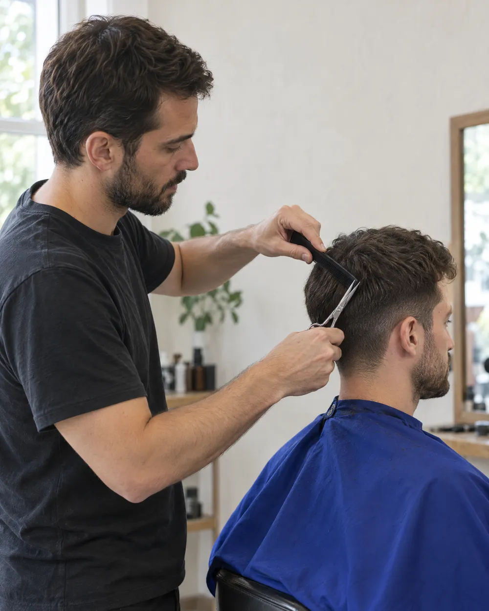הספר עובד על תספורת של לקוח בכיסא